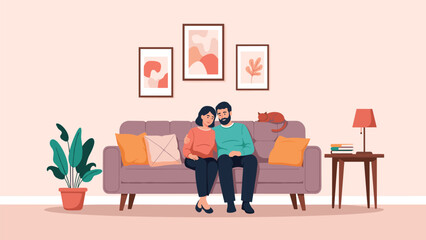 Fototapeta premium Comfortable living room interior with a young couple sitting together on a purple sofa with a sleeping cat and plants.