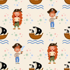 Seamless pattern featuring little boy and girl pirates and sailing ships. Summer kids design for nursery wallpaper, textile and adventure themed decor. © Инна Музыка