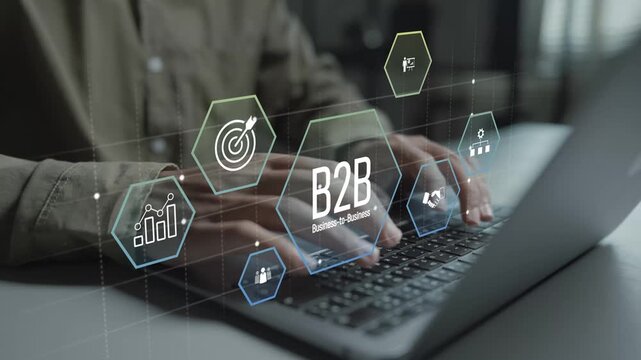 B2B business to business concept. Person using laptop with partnership and corporate network icons, business collaboration, professional services and corporate transactions.