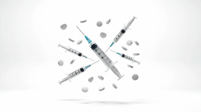 Medical Syringes and Pills Floating in White Studio.