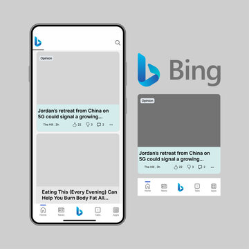 Microsoft Bing Search Engine Mobile Application Interface on Smartphone Screen. Bing News Feed and Web Search Mobile App UI Design Template