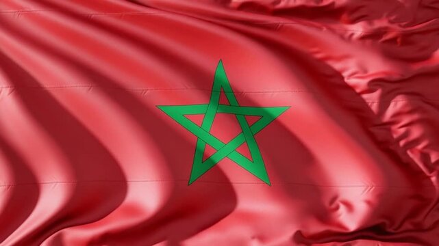 Waving Flag of Morocco Featuring Red Background with Green Pentagram Interlaced Five Pointed Star Silk