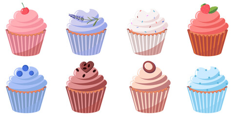Assortment of colorful cupcakes and muffins, berry muffins, frosted cupcake, blueberry muffin, chocolate cupcake, lavender cupcake © Светлана Покидина