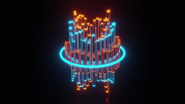 3D Animated Audio Visualizer with Glowing Orange and Blue Bars. 4K