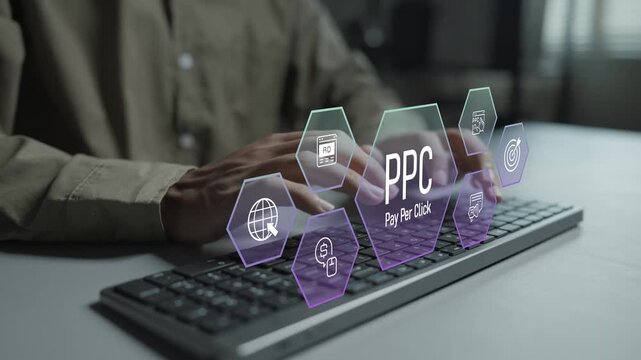 PPC pay per click advertising concept. Person typing keyboard with online advertising and analytics icons, digital marketing campaign, paid traffic and search engine marketing.