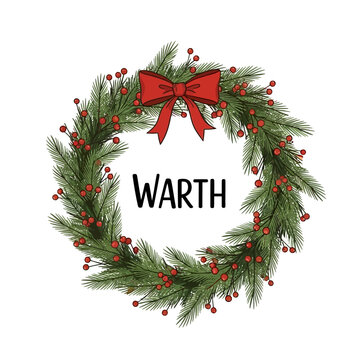 Christmas Wreath with Red Bow and Berries, "WARTH" Text