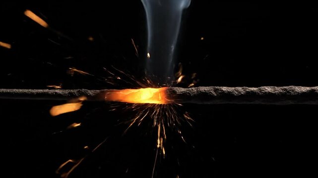 Fuse burning with bright orange sparks and white smoke against a dark black background for ignition concept
