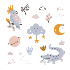 A set of flat vector illustrations in a simple, child-friendly style. Cute animals elephant, crocodile, giraffe, tiger, leopard, lion, parrot, and koala&mdash;along with flowers, clouds, and stars.