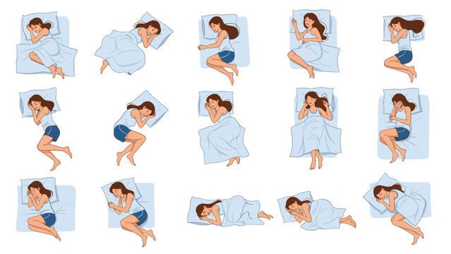 Large collection of illustrations showing various sleeping positions of a woman in bed for sleep quality and health topics.