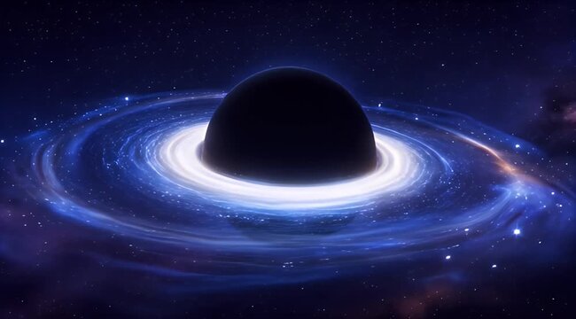 A dark black hole surrounded by a glowing blue and white accretion disk in a starfield