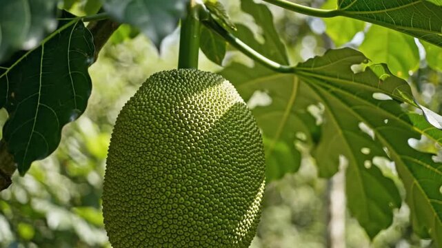Close-Up of Hanging of breadfruit Fruit with Lush Greenery in Vibrant Sunlight
