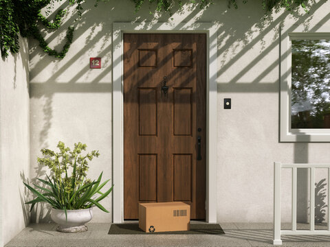 3D rendering of a cardboard parcel box with a recycle symbol left on the doorstep of a modern house, concept for e-commerce delivery and shipping services.