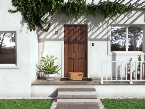 3D rendering of a cardboard parcel box with a recycle symbol left on the doorstep of a modern house, concept for e-commerce delivery and shipping services.