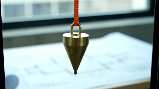 Plumb Bob Brass Tool Hanging with Orange Cord Over Blurred Blueprint for Construction Accuracy