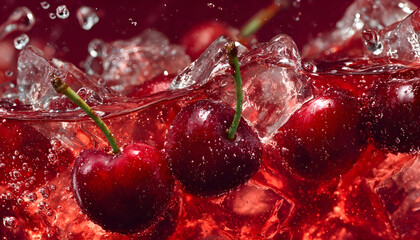 Close-up cherries with ice in vibrant red liquid motion, perfect for soda, juice, and syrup marketing