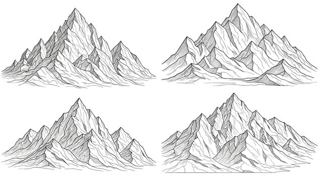 Hand drawn mountain peaks in a vintage engraving style show rugged landscapes with rocky cliffs and high summits.