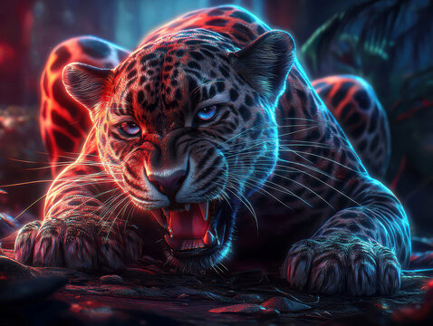 Digital rendering of a side-profile leopard, staked pose Vivid green and blue fur against dark background, dynamic lighting with warm glow on right side Intense, alert expression, dil - AI-Generated