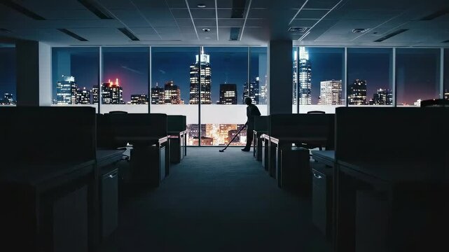 A lone cleaner mops a dark, empty office at night, with a moody blue aesthetic overlooking a city skyline.