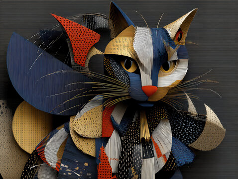 A chaotic cat in polka trash style, dominated by red, white, black colors, and abstract patterns, set in a cyberpunk theme The cats face is captivatingly detailed with exaggerated fea - AI-Generated