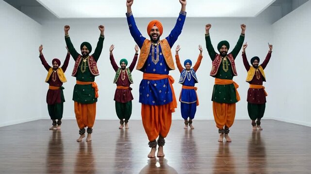 Joyful punjabi men in vibrant traditional attire perform an energetic bhangra dance, celebrating baisakhi in a bright studio setting.