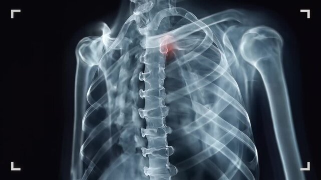 Cinematic X-ray scan of human chest and skeleton rotating dynamically, highlighting painful red areas on the clavicle bones