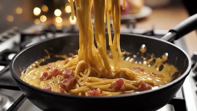 Close up of creamy spaghetti carbonara being stirred in a pan with diced pancetta and black pepper on a stovetop with warm bokeh lights in the background festive cooking scene