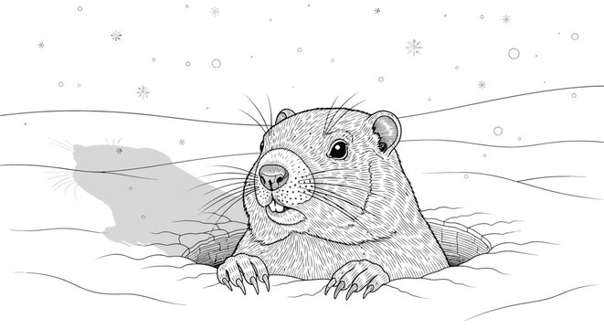 Marmot Emerging from Snowy Burrow Illustration.