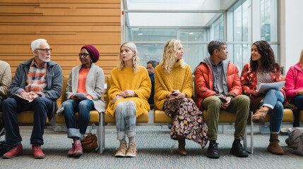 Fototapeta premium Multicultural patients sitting in hospital waiting area