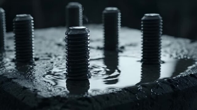 Close up of metal bolts in water with droplets falling creating ripples on a dark industrial background with cool lighting perfect for manufacturing or engineering concepts