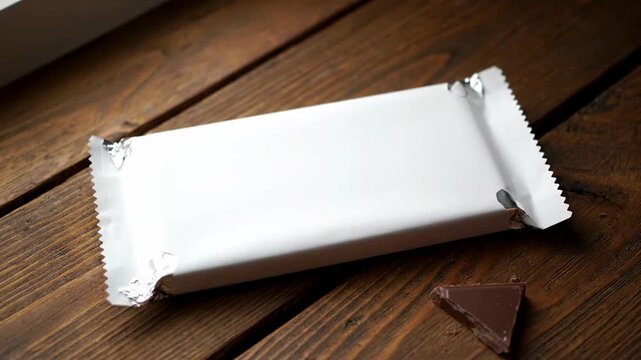 Chocolate bar wrapped in white foil on a dark wooden table with a broken piece for product display.