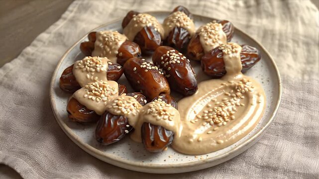 Close Up of Medjool Dates Filled With Tahini Sauce and Topped With Sesame Seeds on a Ceramic Plate With Linen Napkin