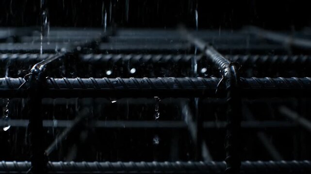 Close Up Of Rain Falling On Steel Reinforcement Rebar Bars In Dark Industrial Construction Setting Dramatic Lighting With Water Droplets