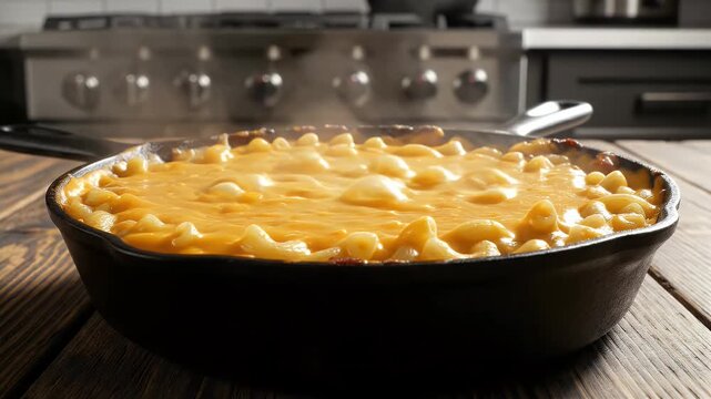 Close-up of piping hot cheesy macaroni in a cast iron skillet on a rustic wooden table with a kitchen stove blurred in the background steam rising showcasing a delicious comfort food dish