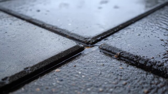 Close Up of Rainwater Accumulating in Cracks Between Pavement Tiles on an Overcast Day