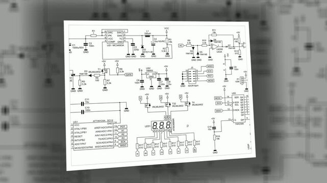 Video animation with schematic diagram of digital electronic device. Drawing electrical circuit with lcd display, operational amplifier, integrated circuit, 
capacitor, resistor, transistor, cpu.