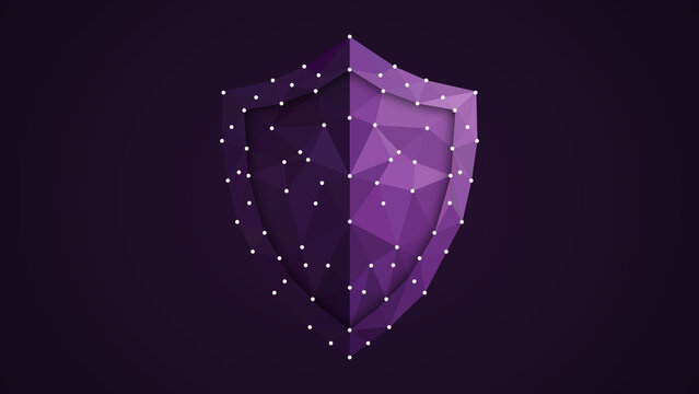 Cyber security shield shape formed with polygon mesh grid, dark purple gradient