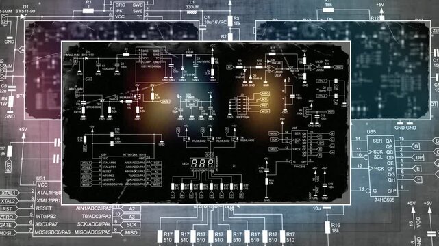 Video animation with schematic diagram of digital electronic device. Drawing electrical circuit with lcd display, operational amplifier, integrated circuit, 
capacitor, resistor, transistor, cpu.