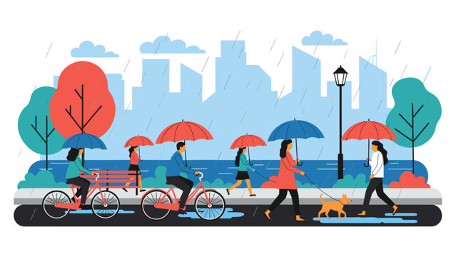 City people walking and riding bicycles in the rain while holding colorful umbrellas with a cityscape in the background.