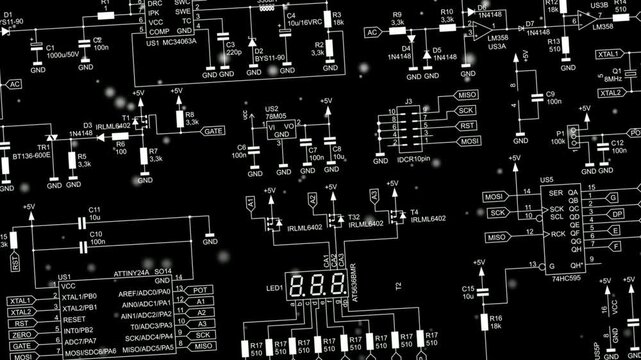 Video animation with schematic diagram of digital electronic device. Drawing electrical circuit with lcd display, operational amplifier, integrated circuit, 
capacitor, resistor, transistor, cpu.