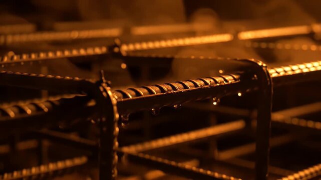 Close up of steel rebar mesh structure with water droplets and steam in warm amber lighting for construction and industrial concepts