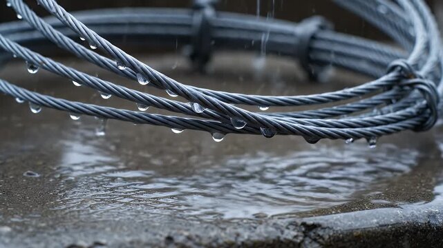 Close Up Of Thick Metal Wire Ropes Coiled Outdoors On A Wet Concrete Surface With Falling Raindrops In Soft Natural Light