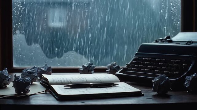 Typewriter on Wooden Desk with Notebook and Crumpled Paper by Rainy Window for Creative Writing