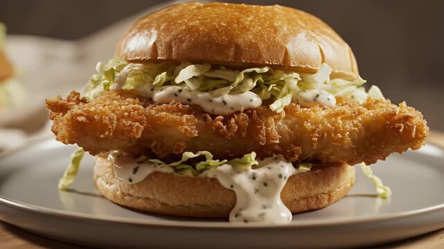 Crispy Breaded Fish Burger with Creamy Coleslaw and Tartar Sauce on a Toasted Brioche Bun Served on a Plate with Soft Lighting and Blurred Background