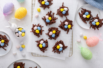 Chocolate bird nest dessert with cream chocolate eggs, dessert idea for Easter