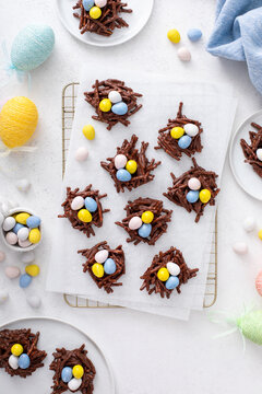 Chocolate bird nest dessert with cream chocolate eggs, dessert idea for Easter