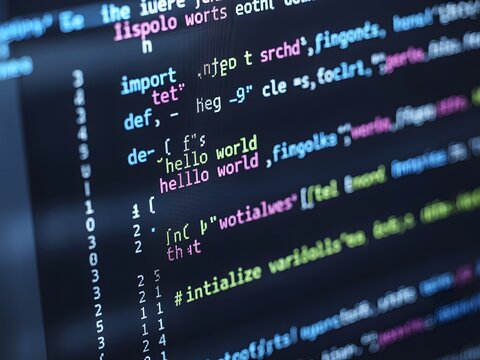Programming code on dark screen with syntax highlighting for software development and web design projects