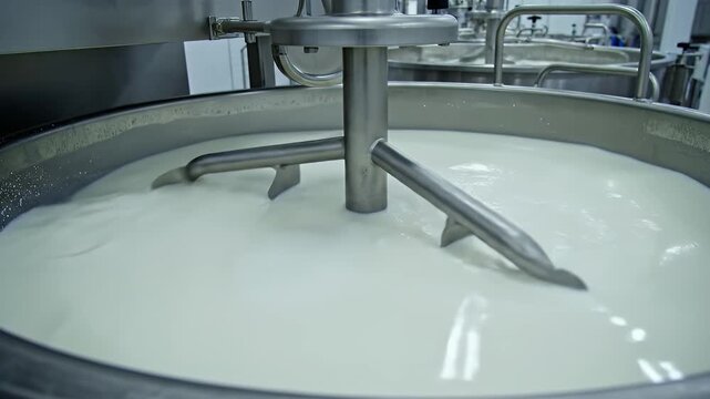Industrial Cheese Curdling Tank Mixing White Milk Mixture With Stainless Steel Agitator Producing Dairy Food At Factory Production Line Close Up