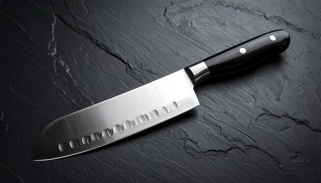 Professional Kitchen Knife with a Sharp Blade and Black Handle, Ideal for Culinary Tasks and Food Preparation on a Dark Slate Surface