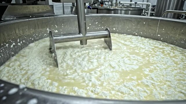 Industrial Cheese Production Process Showing Curds and Whey Being Mixed in a Large Stainless Steel Vat with Mechanical Agitator