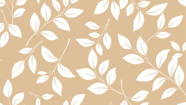 White Leaves Pattern on Beige Background.